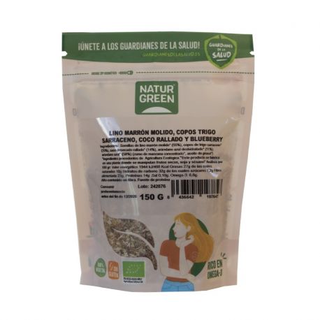 NATURGREEN SEMILLAS DE LINO MARRON MOLIDO, COPOS DE TRIGO SARRACENO, COCO RALLADO Y BLUEBERRY BIO 150g