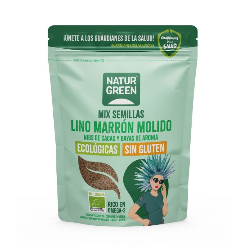 NATURGREEN SEMILLAS DE LINO MARRON MOLIDO, NIBS DE CACAO Y ARONIA BIO 150g